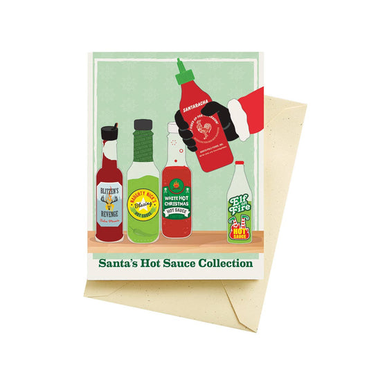 holiday greeting card with various bottles of hot sauce on it and text at the bottom that reads "Santa's Hot Sauce Collection" 