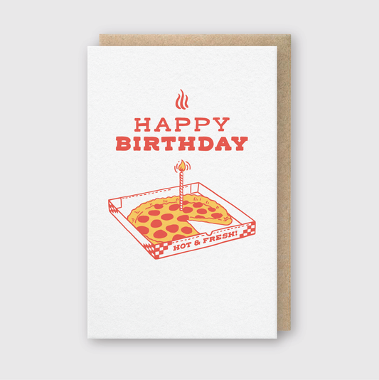 Birthday card with a pizza illustration and 'Happy Birthday' text on a white background.