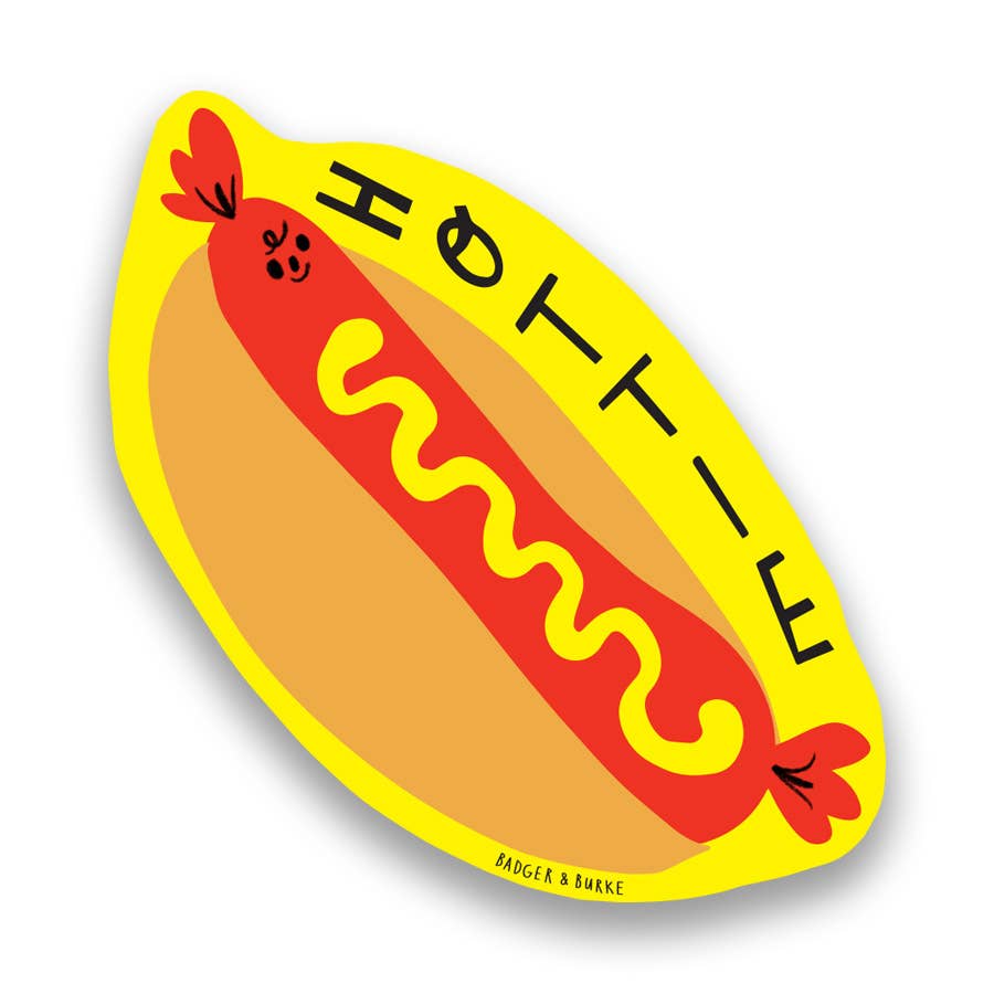 A die-cut sticker featuring a cartoon hot dog illustration  and the brand name 'Badger & Burke' printed at the bottom, shown on a white background with a soft drop shadow.
