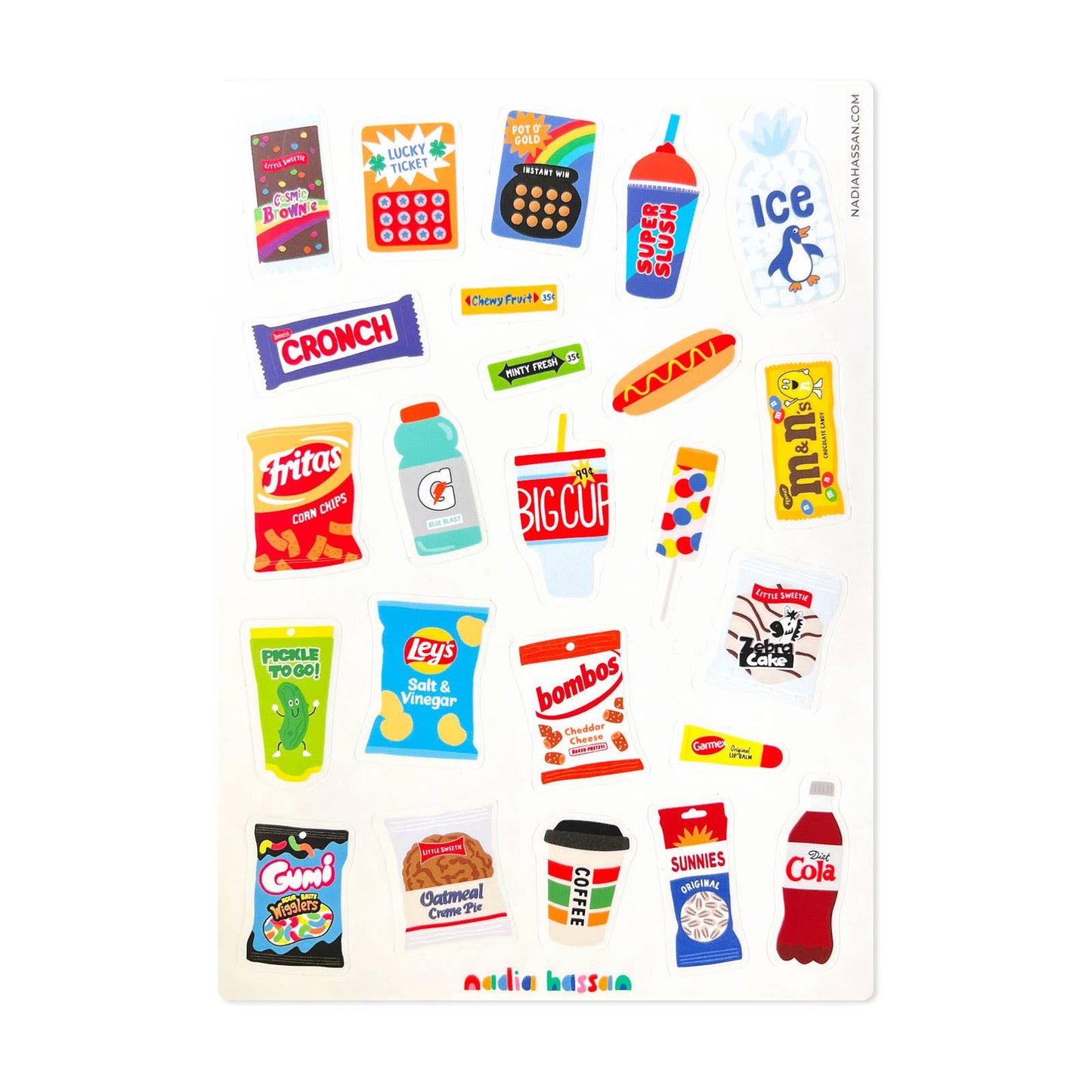 Collection of colorful food and drink product stickers on a white background