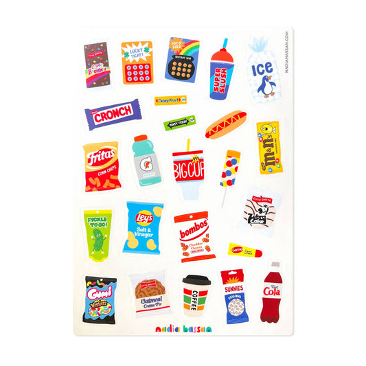 Collection of colorful food and drink product stickers on a white background