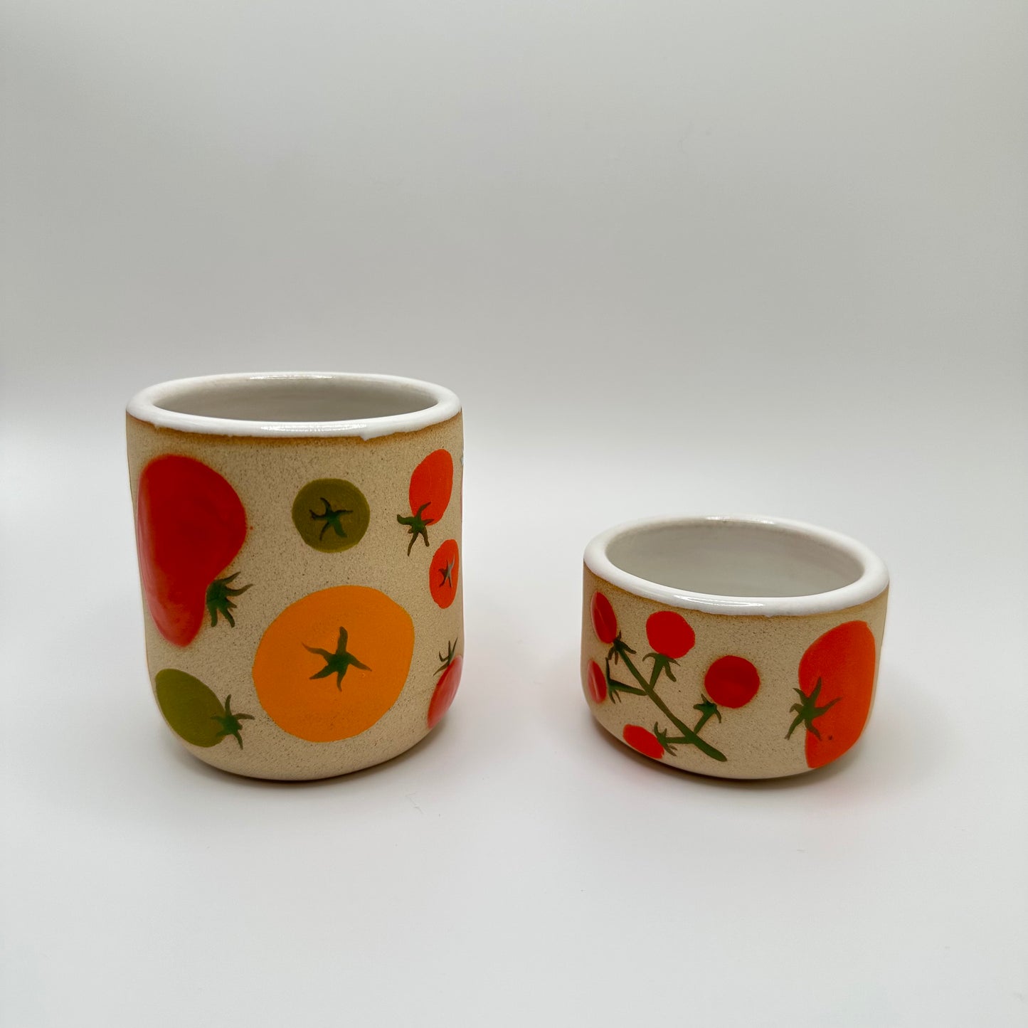 Handpainted tomato tumbler and ramekin.