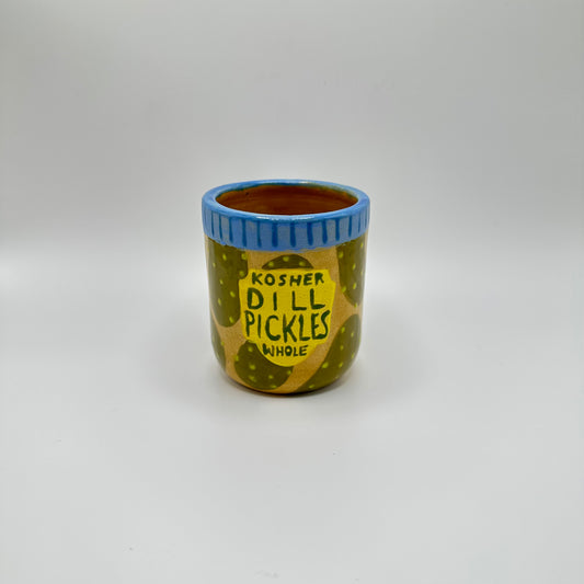 Ceramic Tumbler designed to look like a jar of Kosher Dill Pickles.