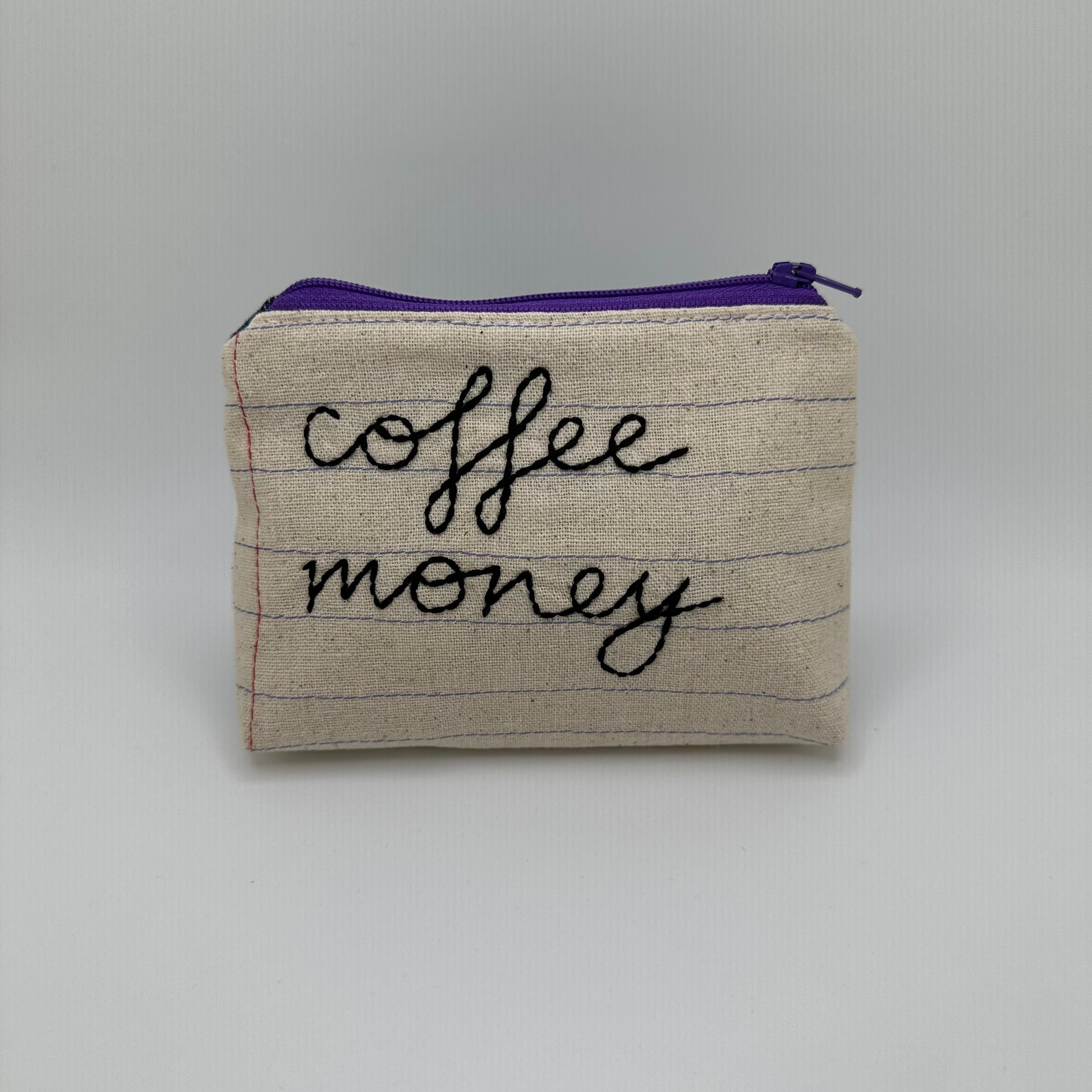 Handmade pouch sewn with the words "coffee money"