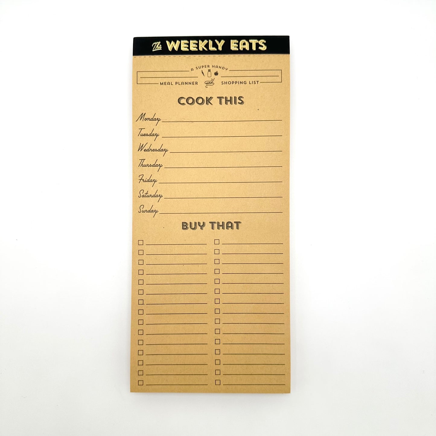 Weekly meal planner notepad. Top portion of the pad has days of the week, bottom portion has a checklist for grocery items to buy.