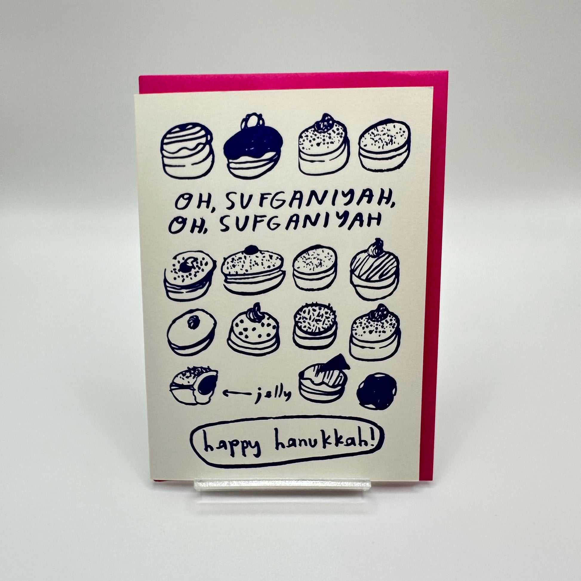 Hanukkah card filled with assorted jelly donuts. Card reads" Oh Sufganiyah, oh Sufganiyah..