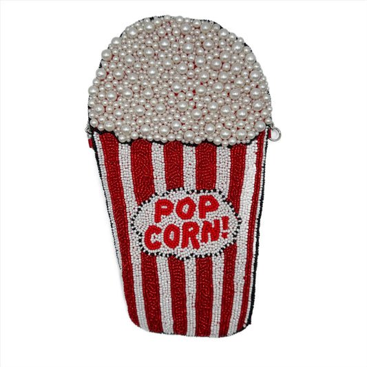 Beaded purse meant to look like a striped popcorn canister with overflowing popcorn.