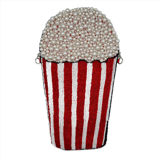 Beaded purse meant to look like a striped popcorn canister with overflowing popcorn. Backside.