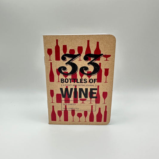 Photo depicting front cover of journal on white background. Journal is brown recycled paper with various wine bottles and glasses dyed red as the background behind black text title "33 Bottles of Wine - A Pocket Wine Tasting Journal" Also small text on the bottom for user to notate "Date Started" and "Date Completed.".