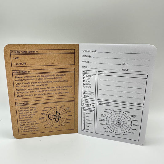 Photo depicting inside pages of journal. Each page features multiple categories for user to complete including, but not limited to: name, grade, style, serving temperature, stats, and a tasting wheel. 