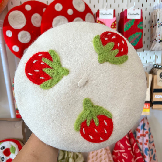 White Beret with 3 strawberries wool-felted on the top.