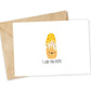 Greeting card with a corn illustration and text that says "I like you elote" with envelope on a white background