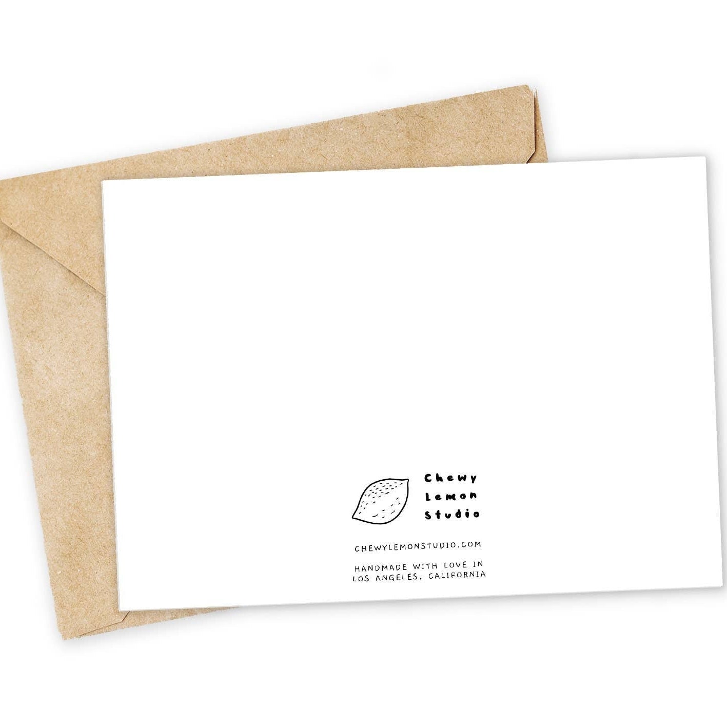 White card with branding and brown envelope on a white background