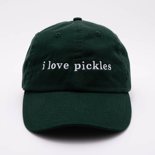 Green cap with 'i love pickles' text on a white background