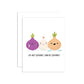 Cartoon onions crying with a humorous message "I'm not crying, you're crying!" on a white background