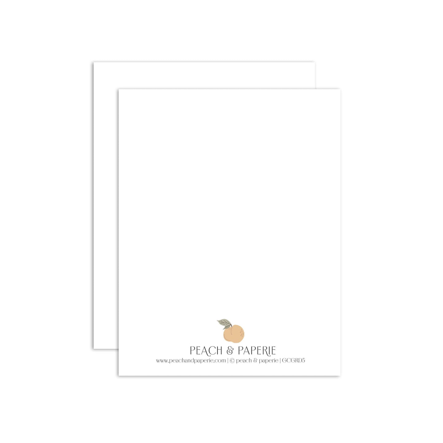 White card with Peach & Paperie logo on a white background