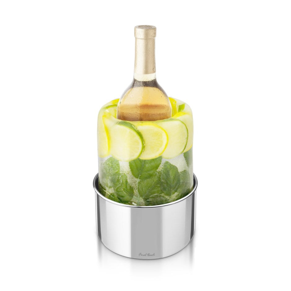 Ice Bottle Chiller with a display wine bottle inside. The ice consists of basil leaves and citrus slices. Stainless steel base.