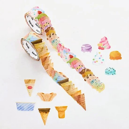 Colorful ice cream themed stickers with colorful scoops of ice cream and assorted ice cream cups and cones. Stickers overlap on a roll.