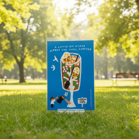 Card with a lemon tea illustration and text on a blue background