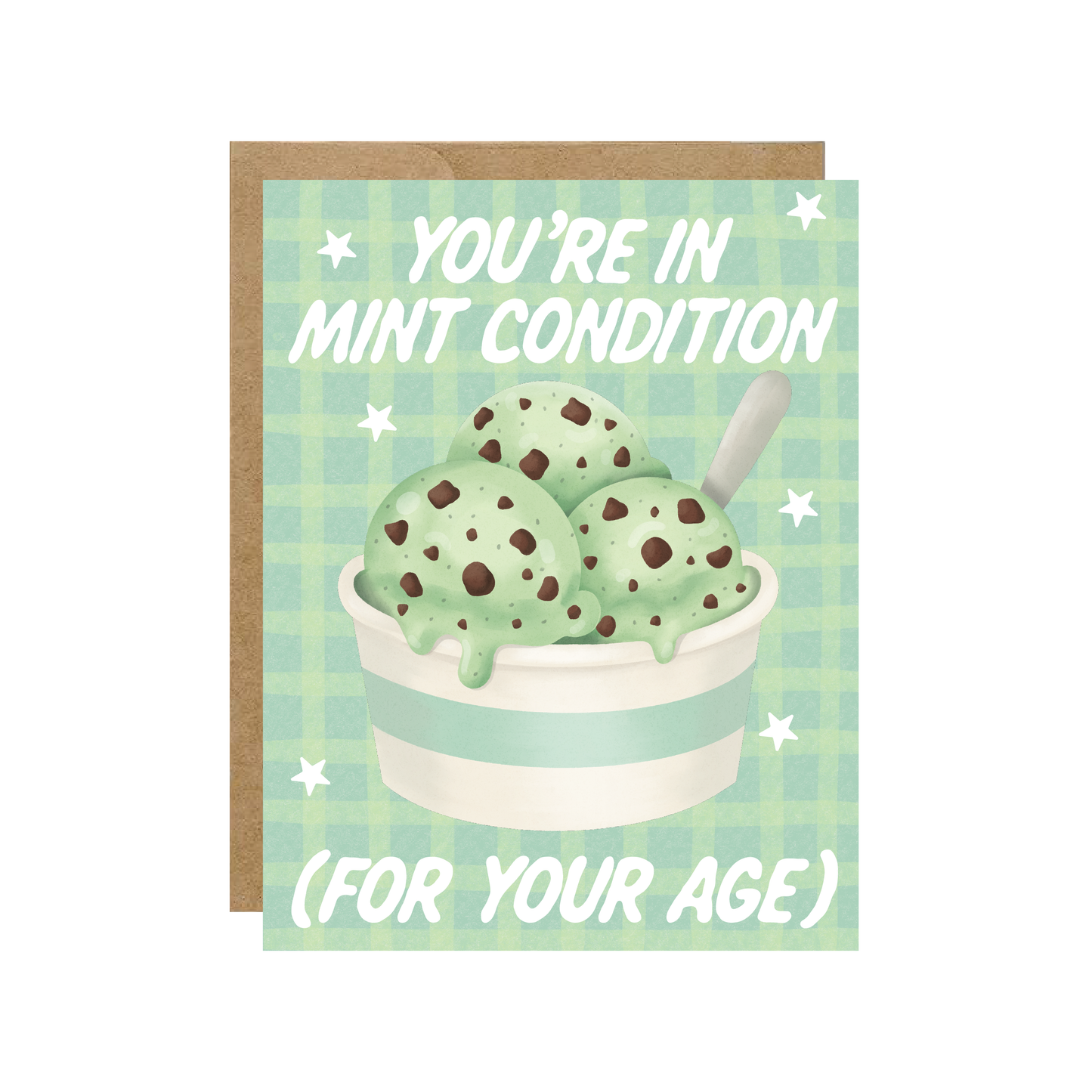 Card with mint chocolate chip ice cream illustration and text on a checkered background