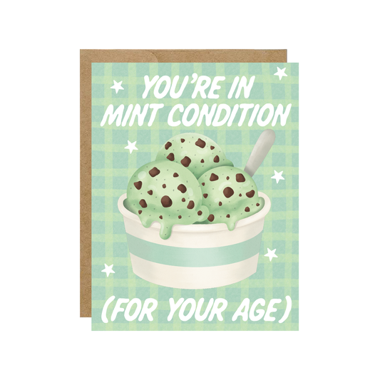 Card with mint chocolate chip ice cream illustration and text on a checkered background