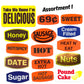 Assortment of colorful food innuendo product labels on a white background