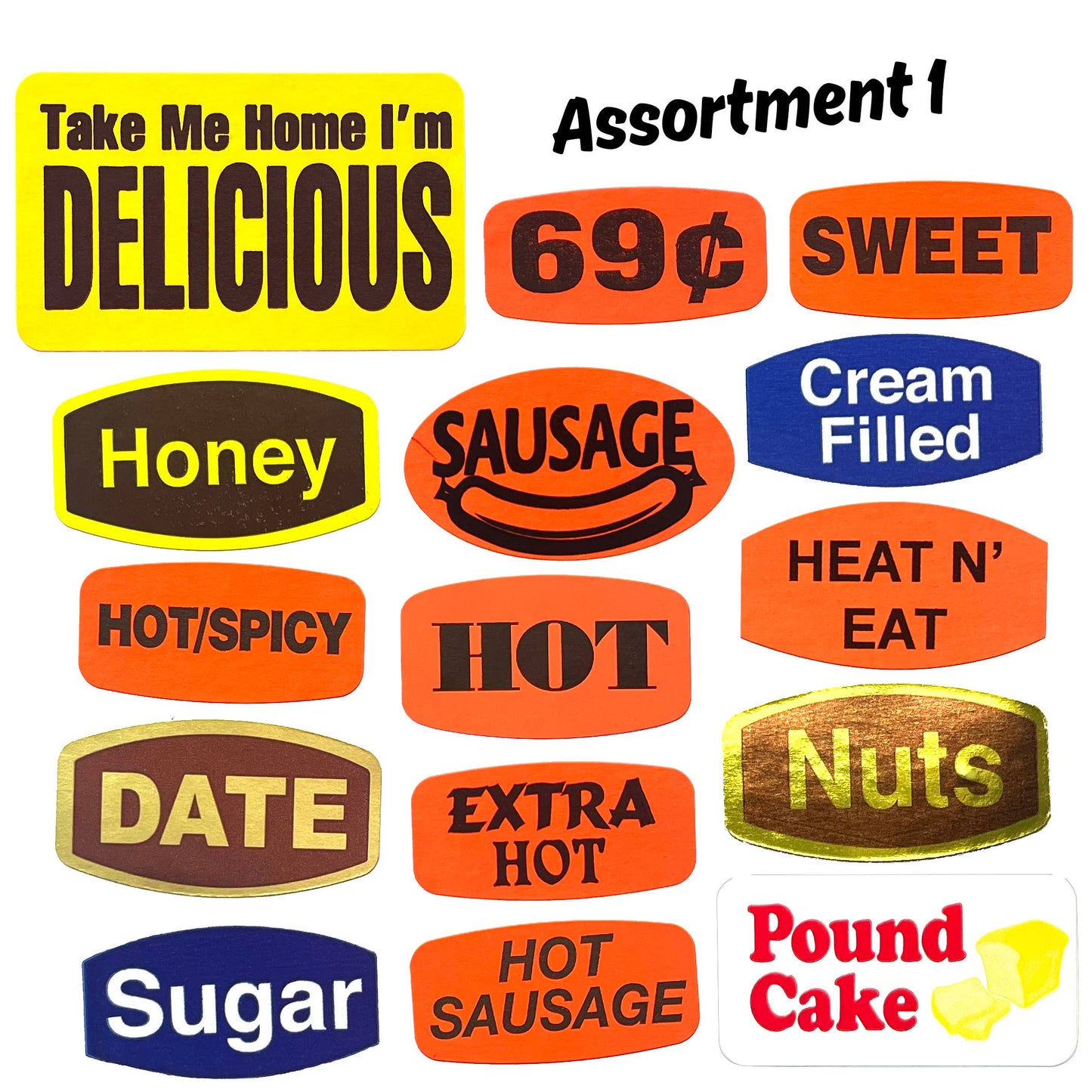 Assortment of colorful food innuendo product labels on a white background