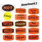 Assortment of colorful labels with text on a white background