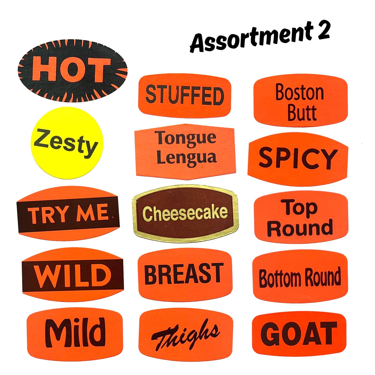 Assortment of colorful labels with text on a white background