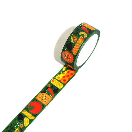Dark green washi tape, featuring various kinds of italian cuisine including olives, garlic, pasta, tomatoes, peppers, crackers, herbs and cheese