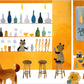Illustration of animals at a bar with shelves and bottles.