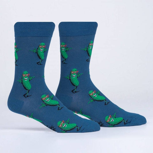 Blue crew socks with repeating pattern of an anthropomorphic pickle in red sunglasses, grinning and snapping his fingers like the cool guy he is. Shown from the side.