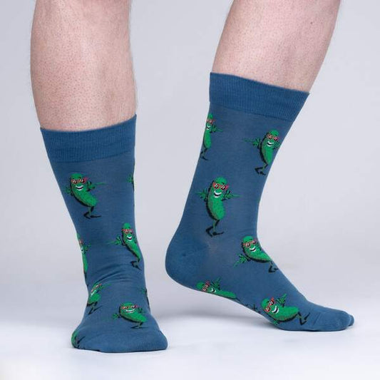 Blue crew socks with repeating pattern of an anthropomorphic pickle in red sunglasses, grinning and snapping his fingers like the cool guy he is. Shown on legs.