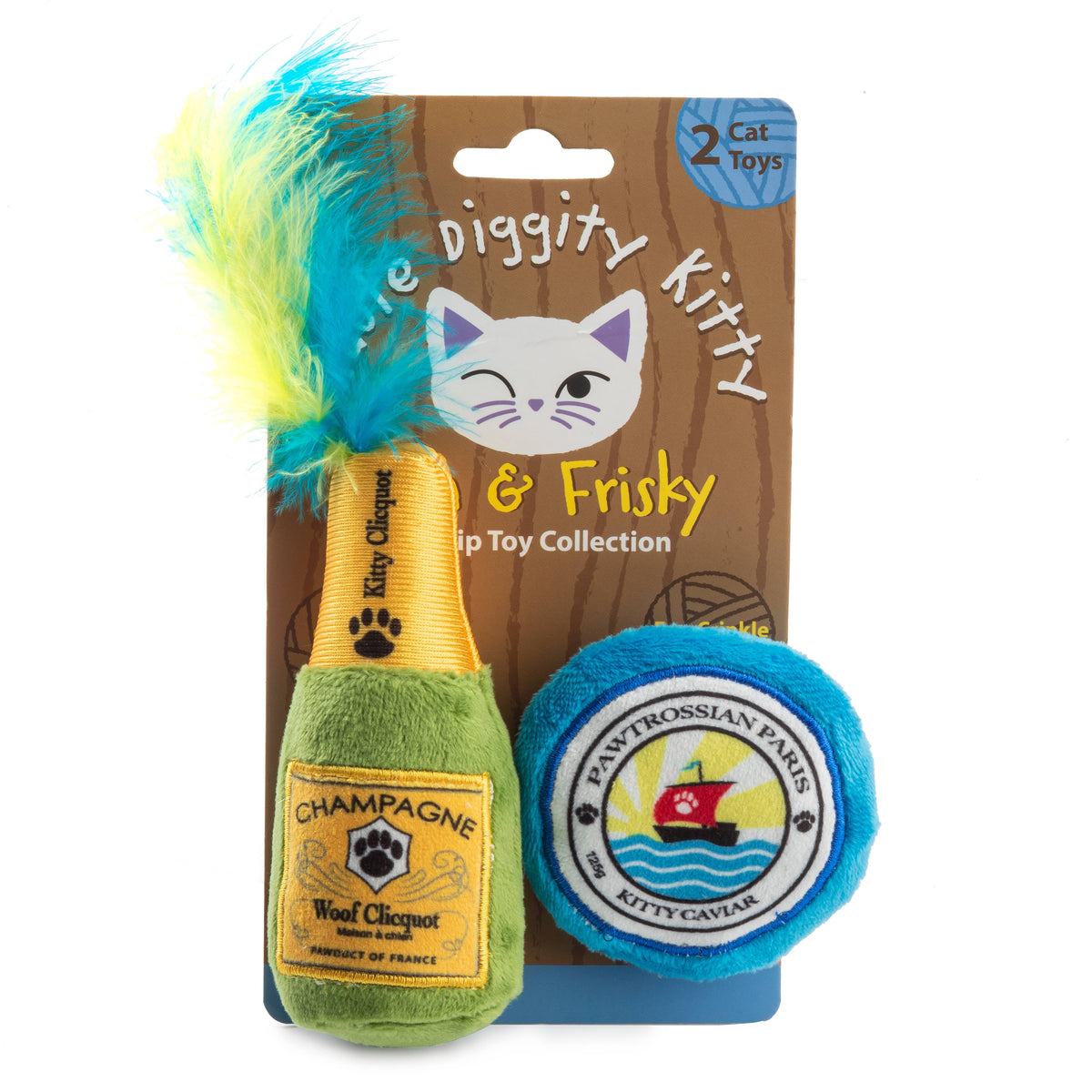 Cat toy collection with 'Diggity Kitty & Frisky' packaging featuring a champagne bottle and paw print toy.