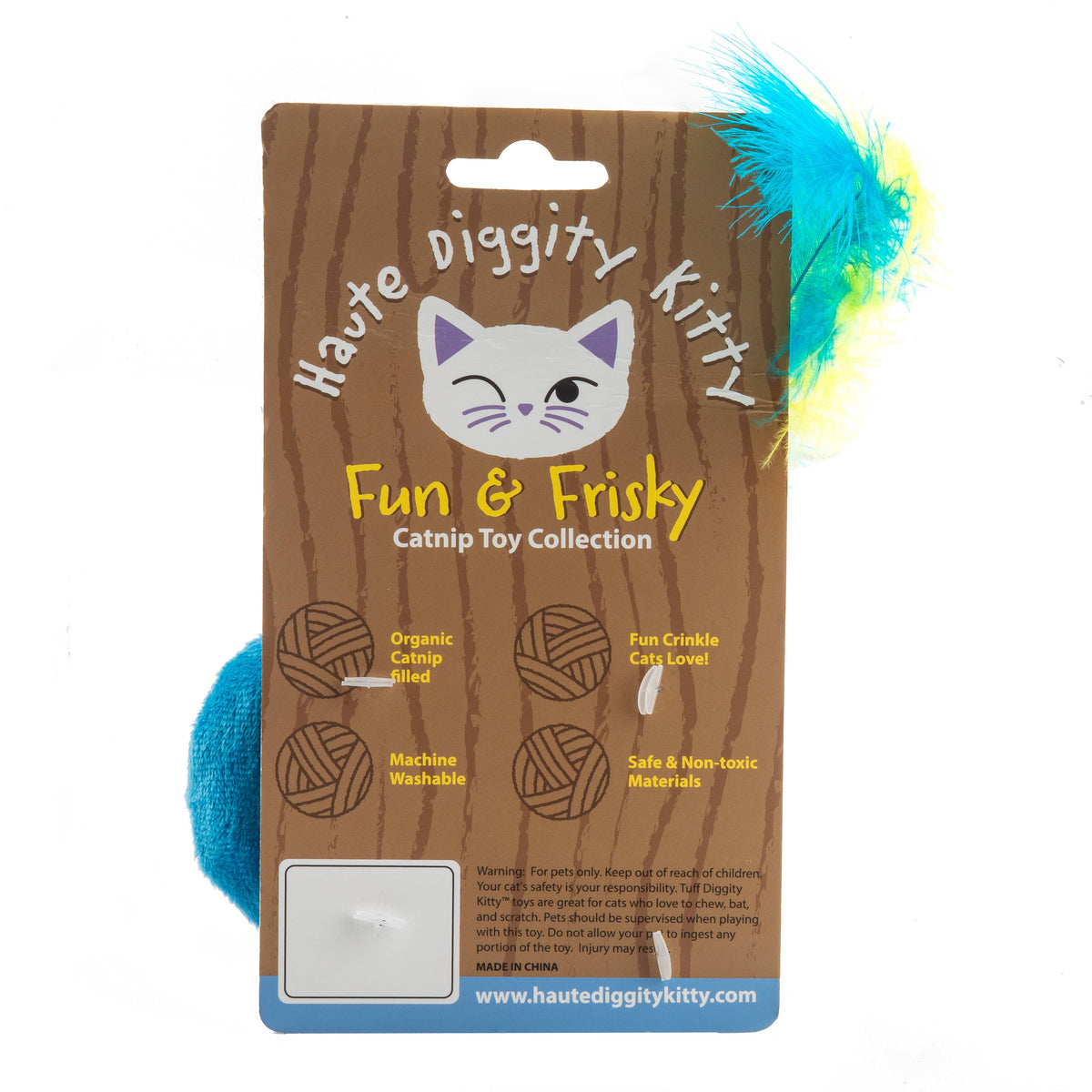 Cat toy packaging with 'H aute Diggity Kitty' branding and a feather attached.