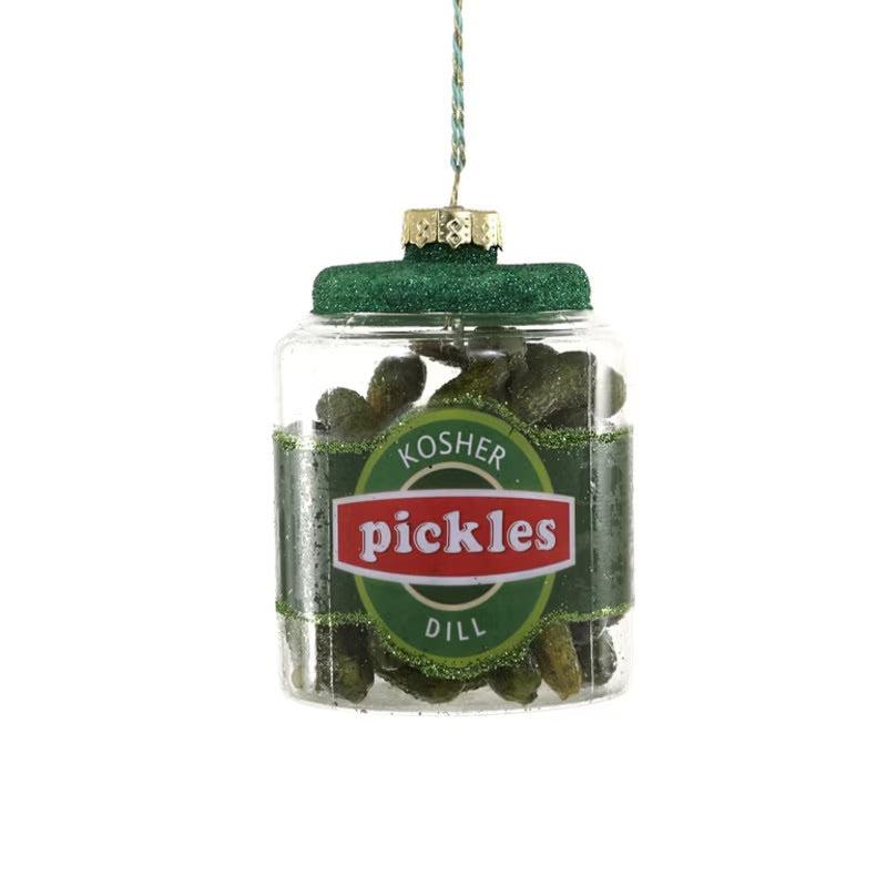 Glass ornament that looks like a jar of pickles. Text says Kosher Dill PIckles.