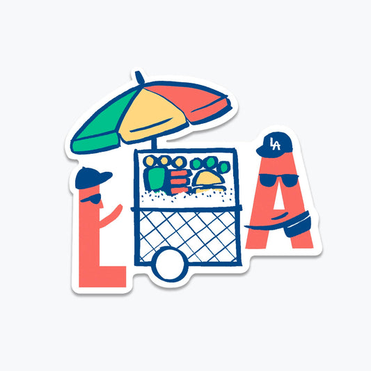 Cartoon illustration of a fruit cart with colorful umbrella and the letters 'L' and 'A' as "people" wearing 'LA' hats on a white background
