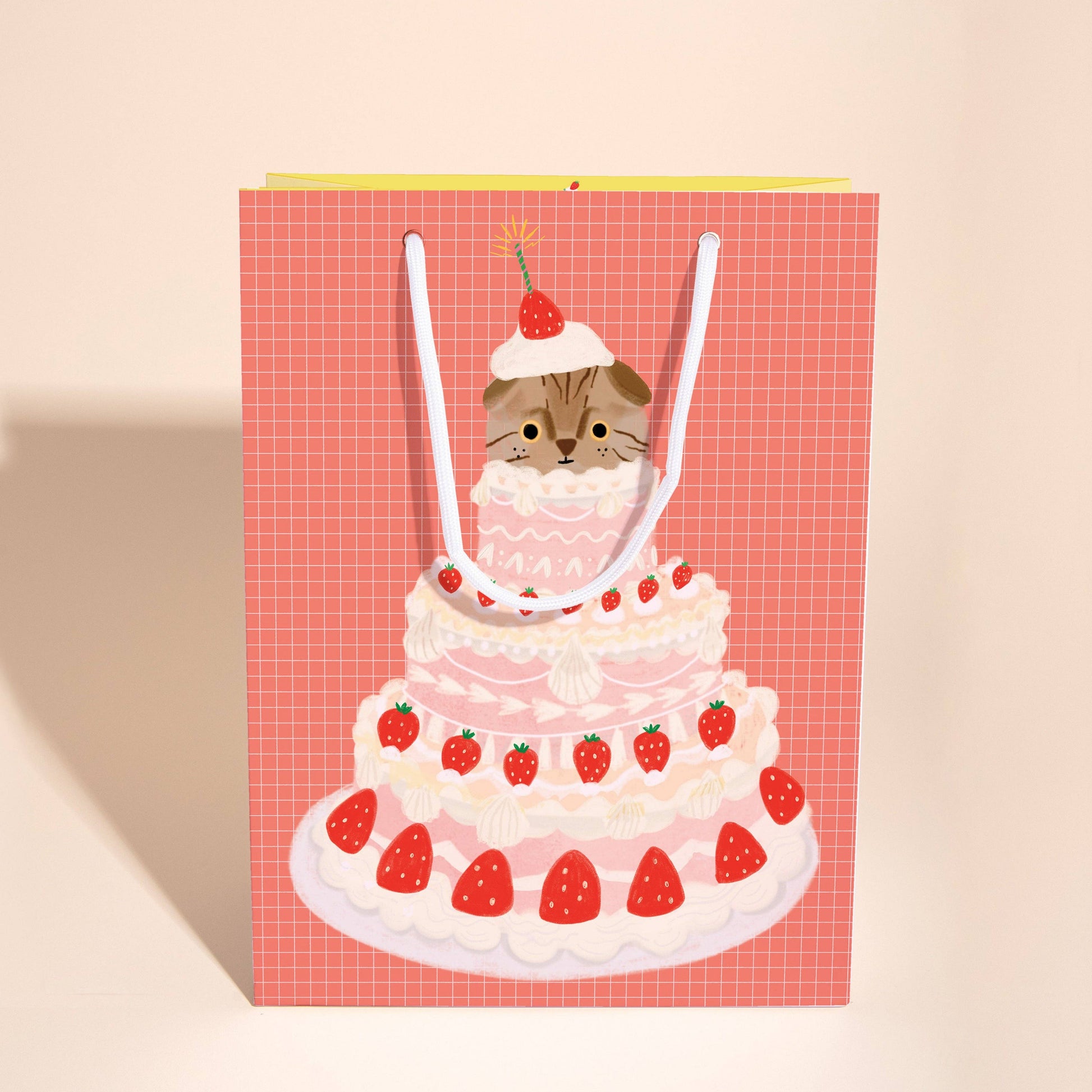 gift bag with tiered strawberry cake and a cat popping out of the top tier