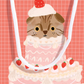 close up of top cake tier detail with cat head sticking out and whipped cream and a strawberry on it's head