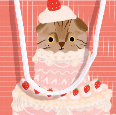 close up of top cake tier detail with cat head sticking out and whipped cream and a strawberry on it's head