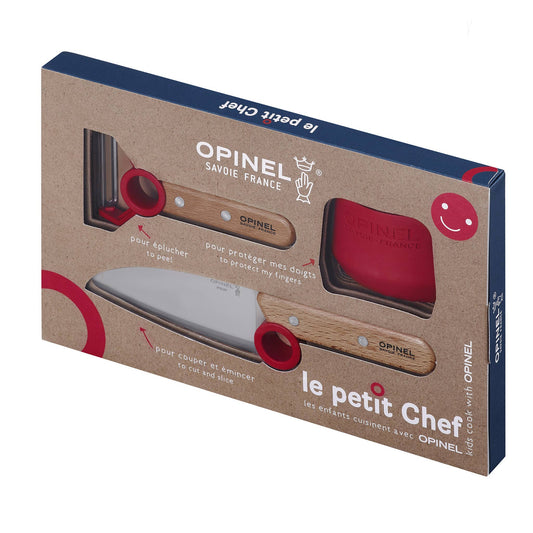 Children's Knife Set in box. Knife, Peeler and Finer Guard with red accents, wood handles and stainless steel blades.