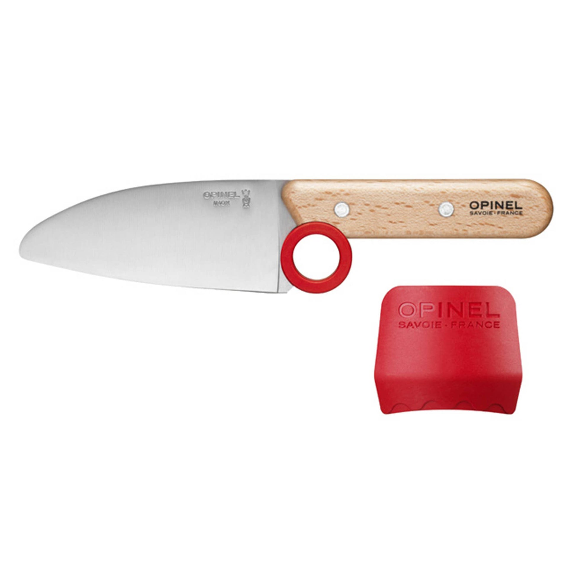 Detail of Le Petit Chef knife and finger guard with red accents.