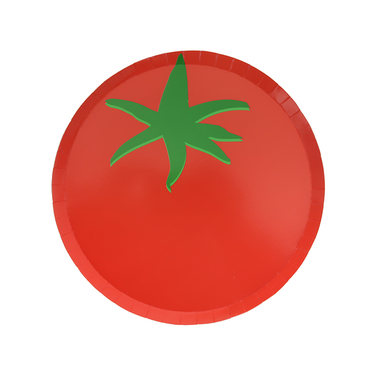 Red paper plate with a green leaf design on a white background
