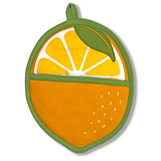 Potholder designed like a lemon with a green handle on a white background