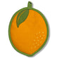 Lemon-shaped pot holder with green leaf on a white background