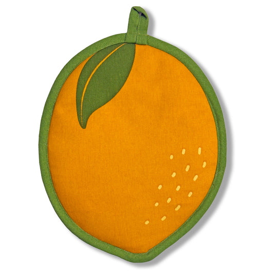 Lemon-shaped pot holder with green leaf on a white background