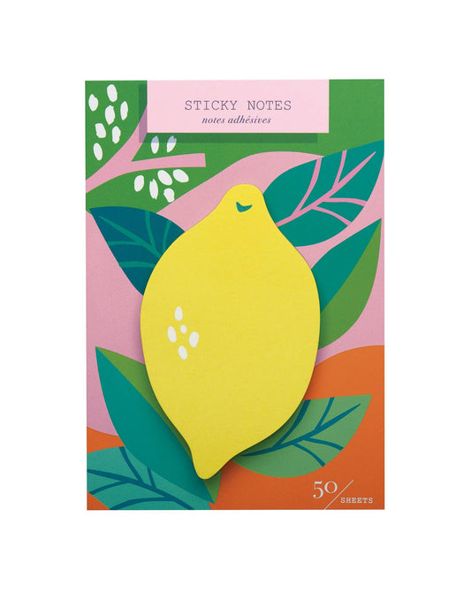 Die-cut lemon sticky notes on a colorful tropical card backing.