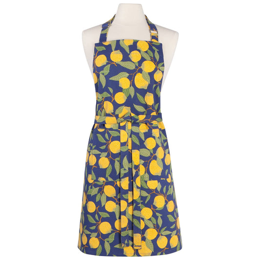 Navy apron with yellow lemon pattern on a white background