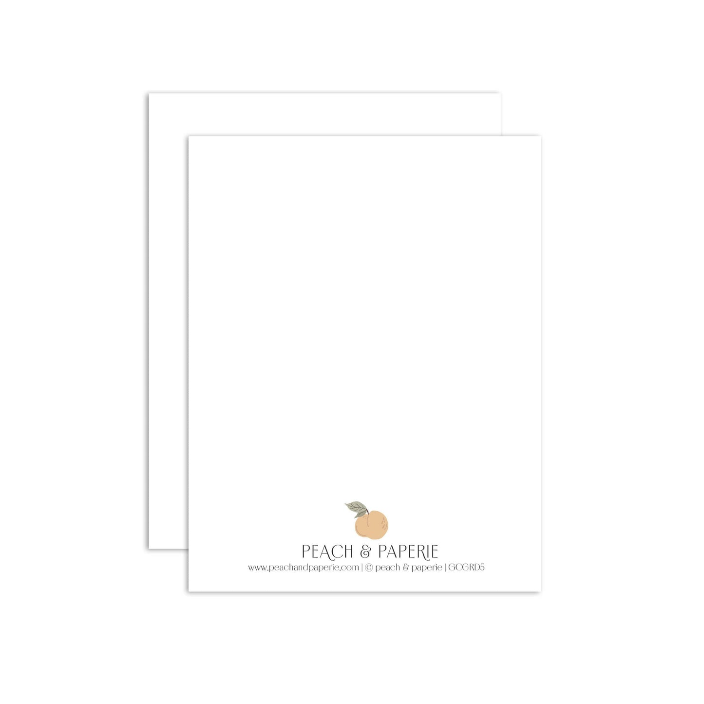 back of boba partea birthday card, all white with peach & paperie logo and contact info 