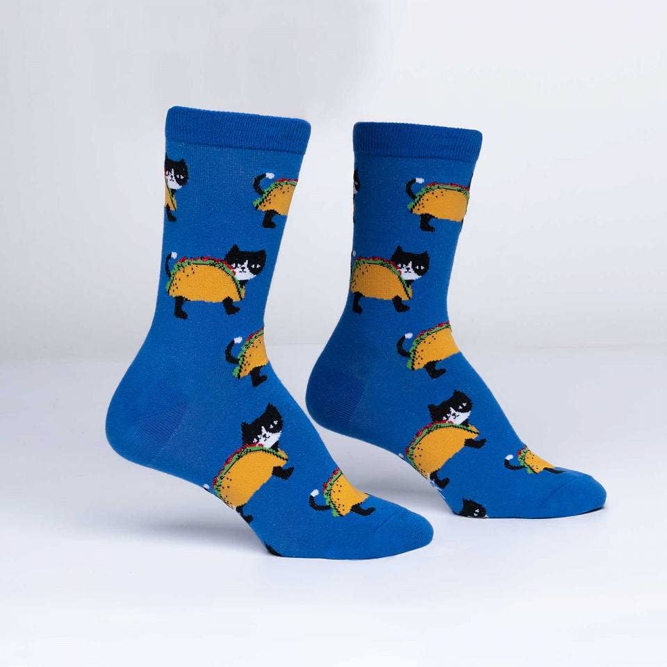 Blue socks with cats inside of a taco